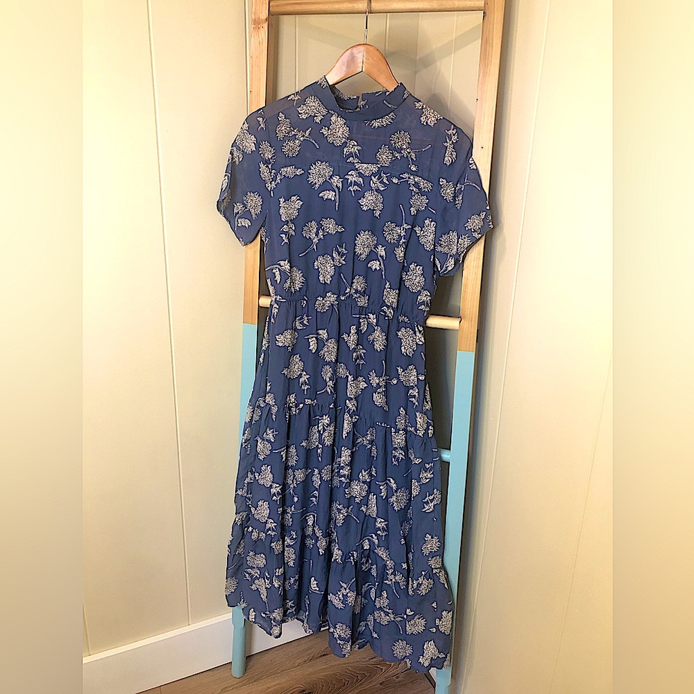 Lulu’s midi length peasant mock neck dusty blue floral cottagecore dress